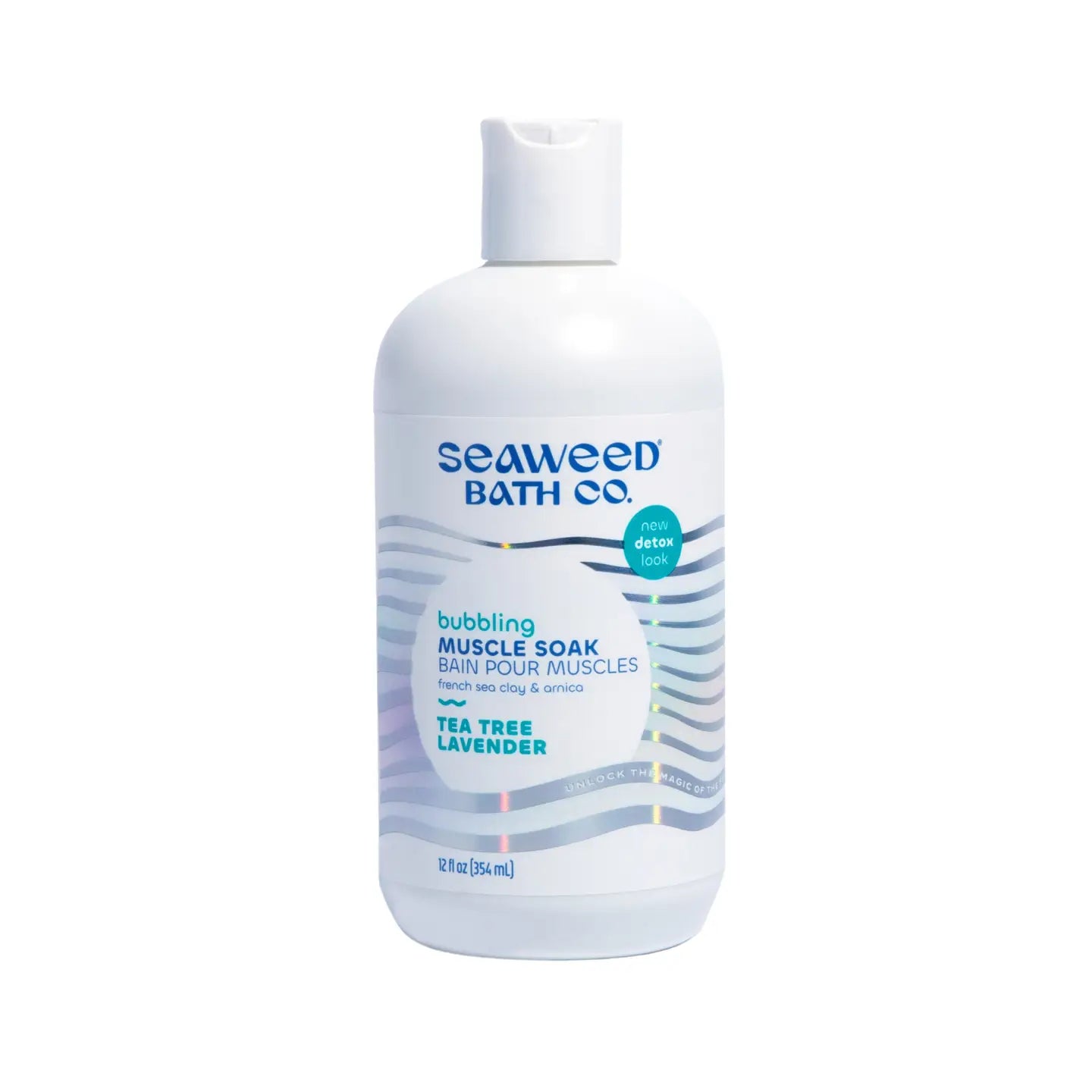 A bottle of Seaweed Bath Co Bubbling Muscle Soak on a white background