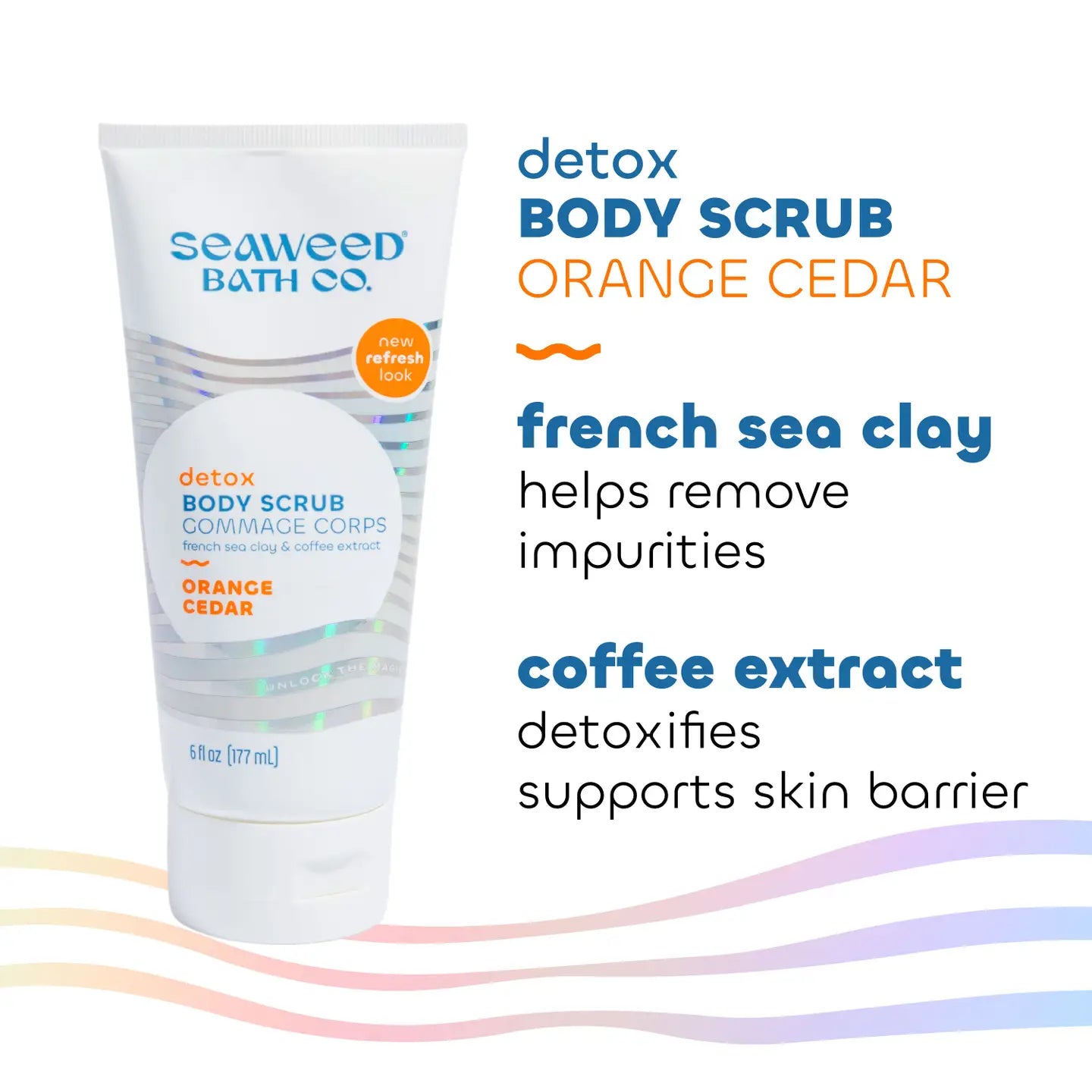 Seaweed Bath Co detox body scrub with text highlighting ingredients on a white background
